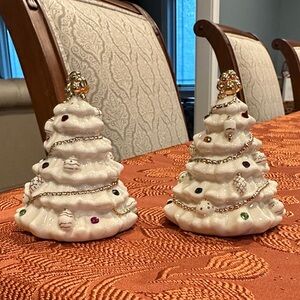 2001 Lenox White Ceramic Christmas Trees with Gold and Multicolor Accents